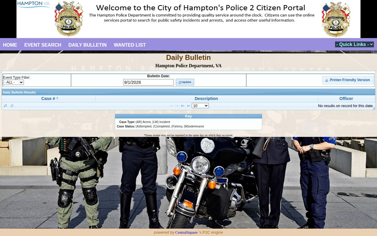 Hampton Police P2C same-day arrest record bulletin search