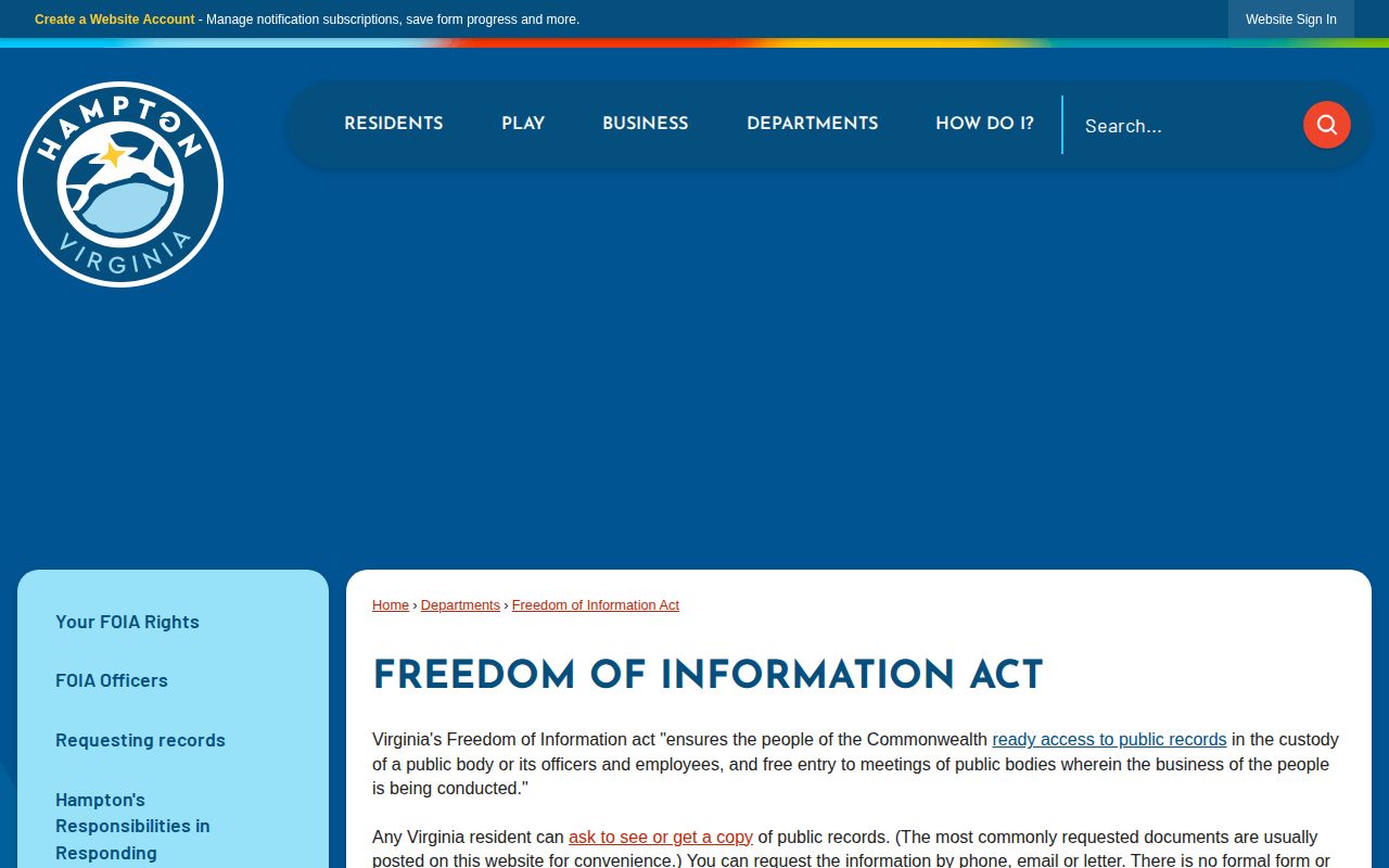 Hampton booking record request information on the City FOIA page